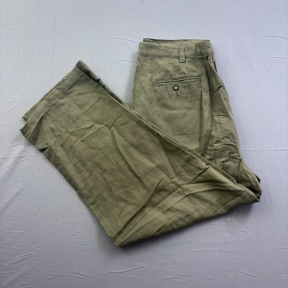 Eddie Bauer Mens 42 Tall Olive Green Linen Cotton Blend Pleated Chino Pants